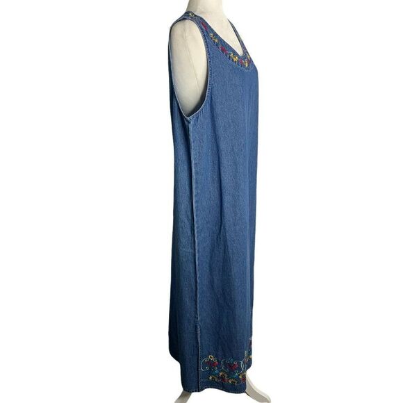 Vintage 90s Denim Pinafore Maxi Dress XL Med Wash Embroidered Studded Pullover - Picture 5 of 6